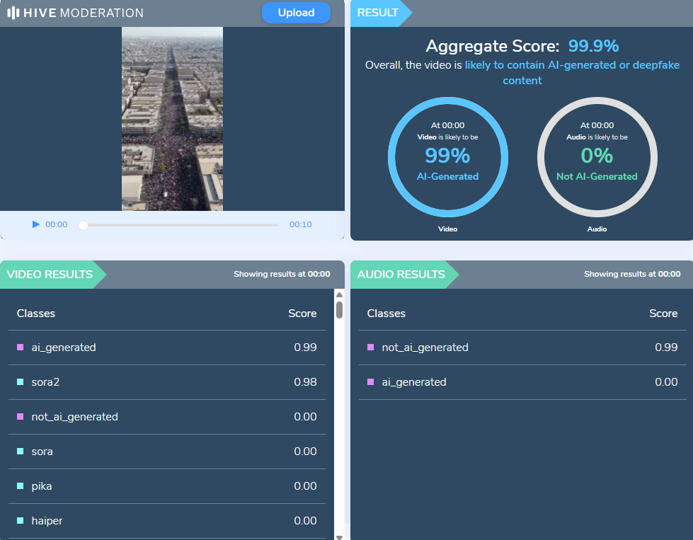 نتيجة فحص الفيديو في موقع Hive Moderation