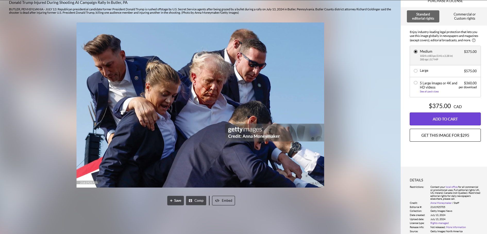 الصورة منشورة في موقع وكالة غيتي ايماجيز في 13 تموز 2024