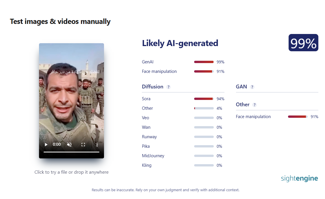 نتيجة فحص الفيديو في موقع Sightengine