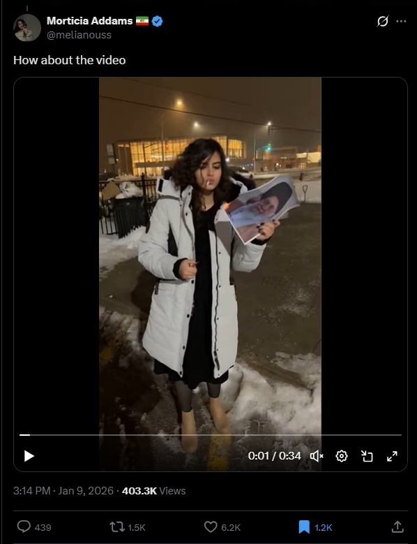 لقطة من الفيديو المنشور في حساب Morticia Addams في اكس، في 9 كانون الثاني 2026
