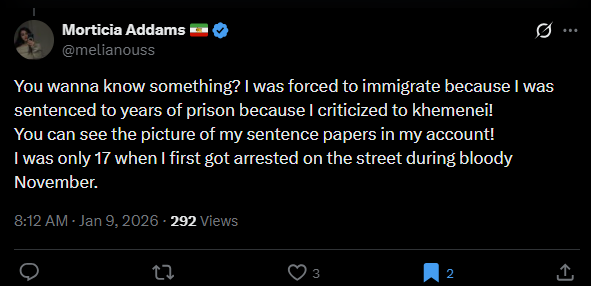 لقطة لتعليق أدامز في اكس في 9 كانون الثاني 2026