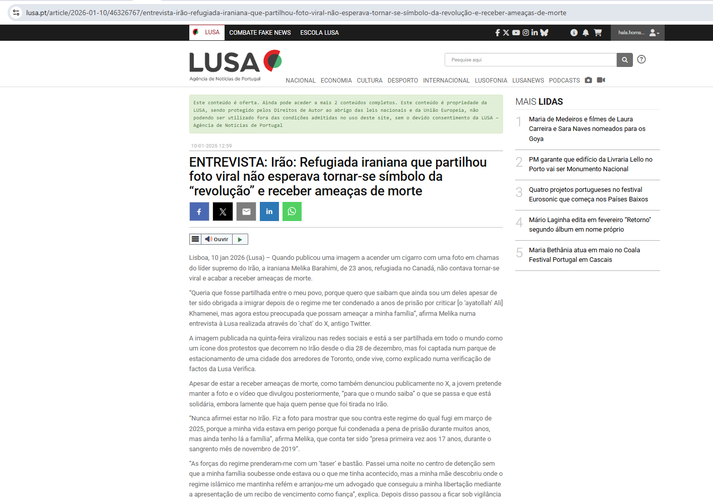 لقطة للمقابلة مع براهيمي منشورة في موقع وكالة Lusa في 10 كانون الثاني 2026