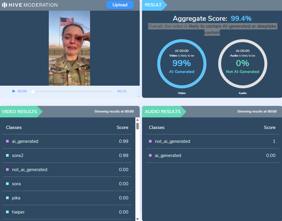نتيجة فحص الفيديو في موقع Hive Moderation