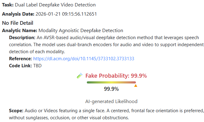 نتيجة فحص الفيديو بواسطة برنامج DeepFake-O-Meter