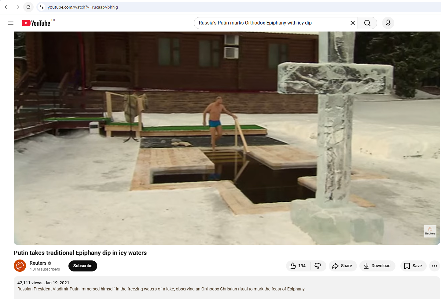 لقطة من الفيديو المنشور في حساب وكالة رويترز في يوتيوب، في 19 كانون الثاني 2021