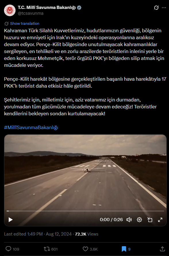 لقطة من الفيديو المنشور في حساب وزارة الدفاع التركية في اكس، في 12 آب 2024