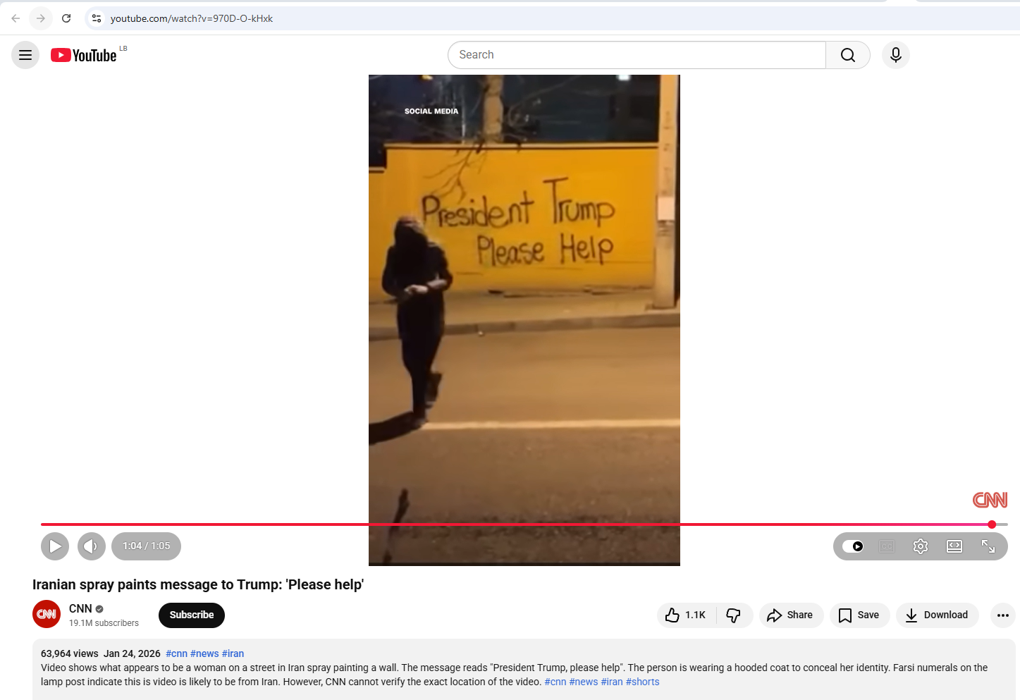 لقطة من الفيديو المنشور في حساب قناة سي ان ان في يوتيوب، في 24 كانون الثاني 2026