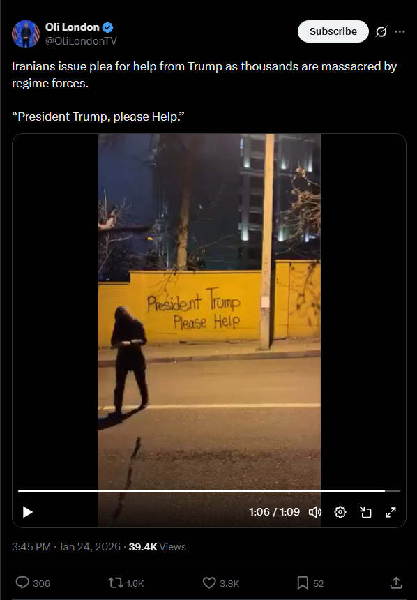 لقطة من الفيديو المنشور في احد الحسابات في اكس، في 24 كانون الثاني 2026