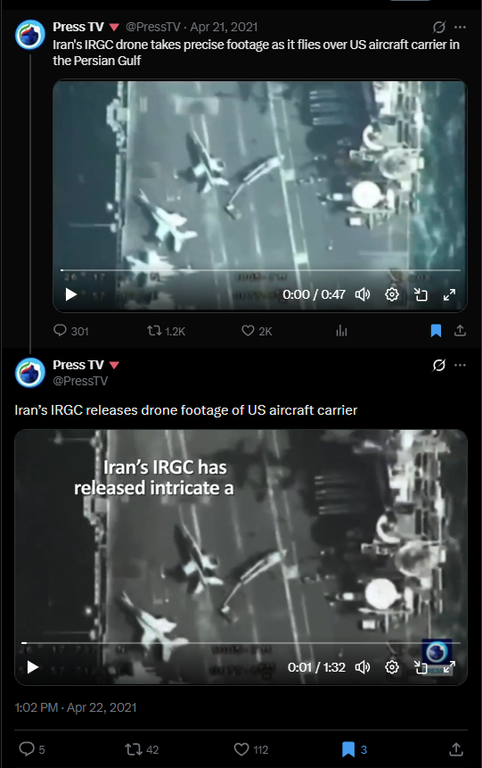 لقطة من الفيديو المنشور في حساب قناة Press TV في اكس، في 21 نيسان 2021