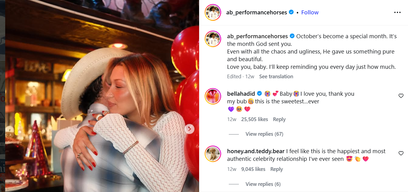 منشور بانيويلوس في خصوص علاقته بـ بيلا حديد (إنستغرام)