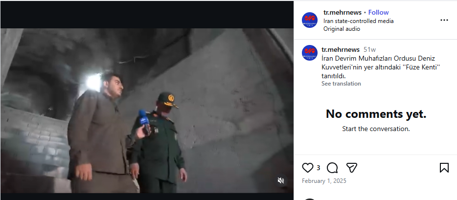 لقطة من الفيديو المنشور في حساب وكالة مهر الايرانية باللغة التركية في انستغرام، في 1 شباط 2025