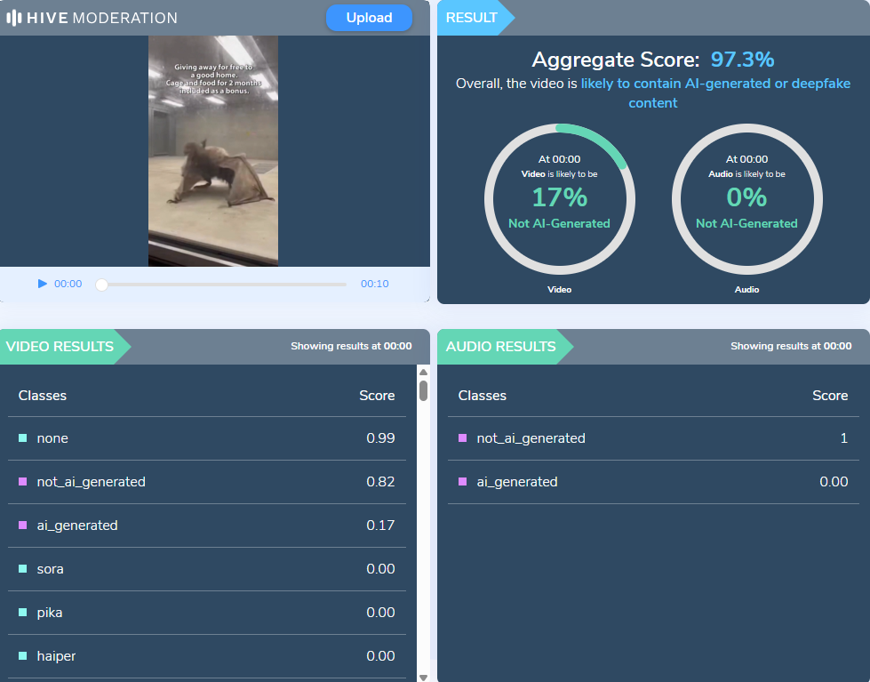 نتيجة فحص الفيديو في موقع Hive Moderation