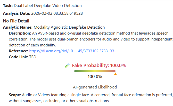 نتيجة تحليل الفيديو بواسطة برنامج DeepFake-O-Meter