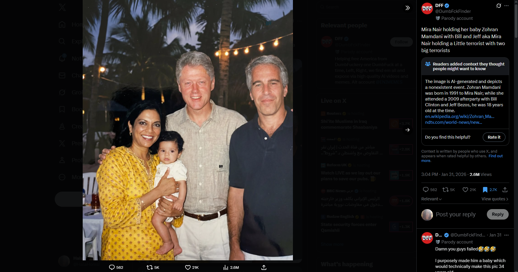 الصورة منشورة في حساب DumbFckFinder@ في اكس، في 31 كانون الثاني 2026