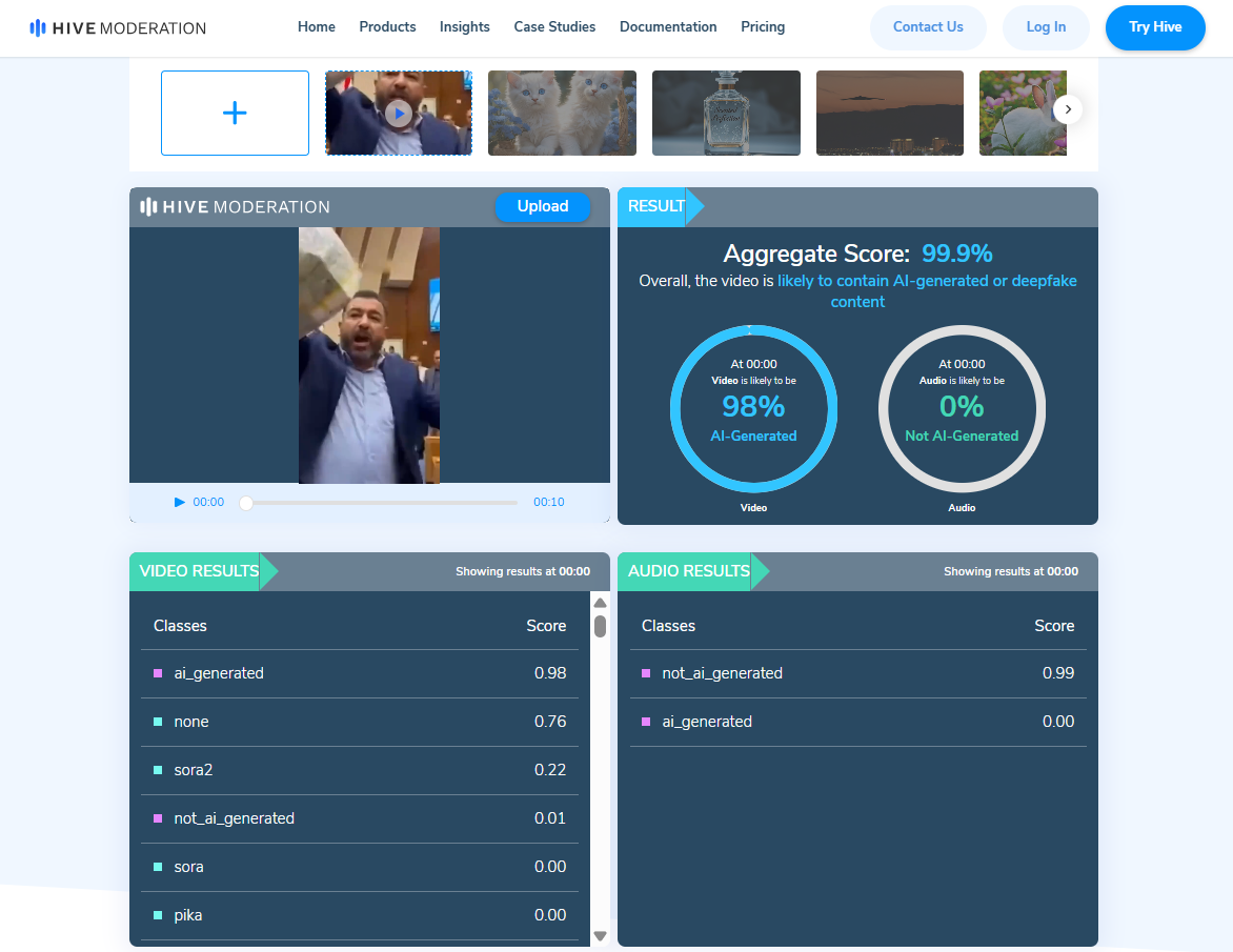 نتيجة فحص الفيديو عبر أداة Hive moderation 