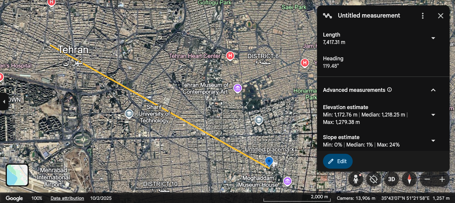 المسافة بين المحتجين ومقر إقامة خامنئي (غوغل إيرث)