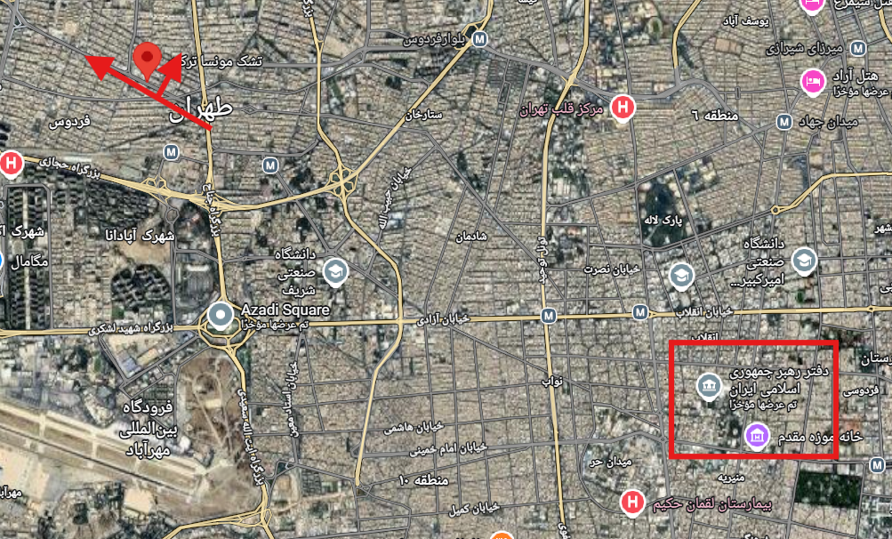 اتجاه المحتجين بالنسبة لموقع مقر خامنئي (خرائط غوغل)