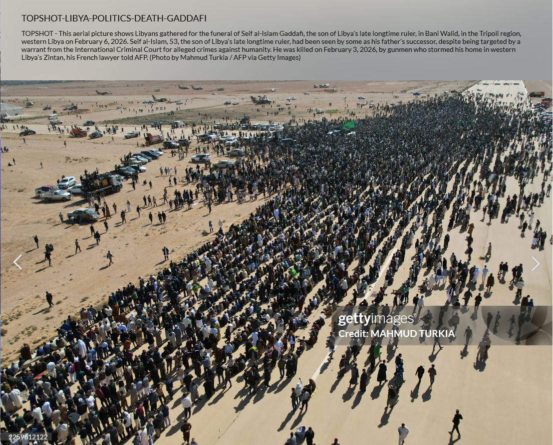 صورة نشرتها وكالة غيتي ايماجيز لتشييع القذافي في 6 شباط 2026