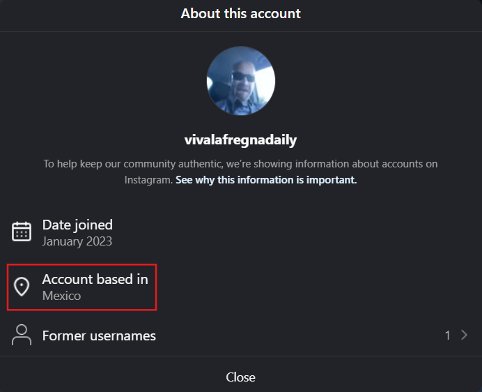 لقطة شاشة لمعلومات الحساب (إنستغرام)