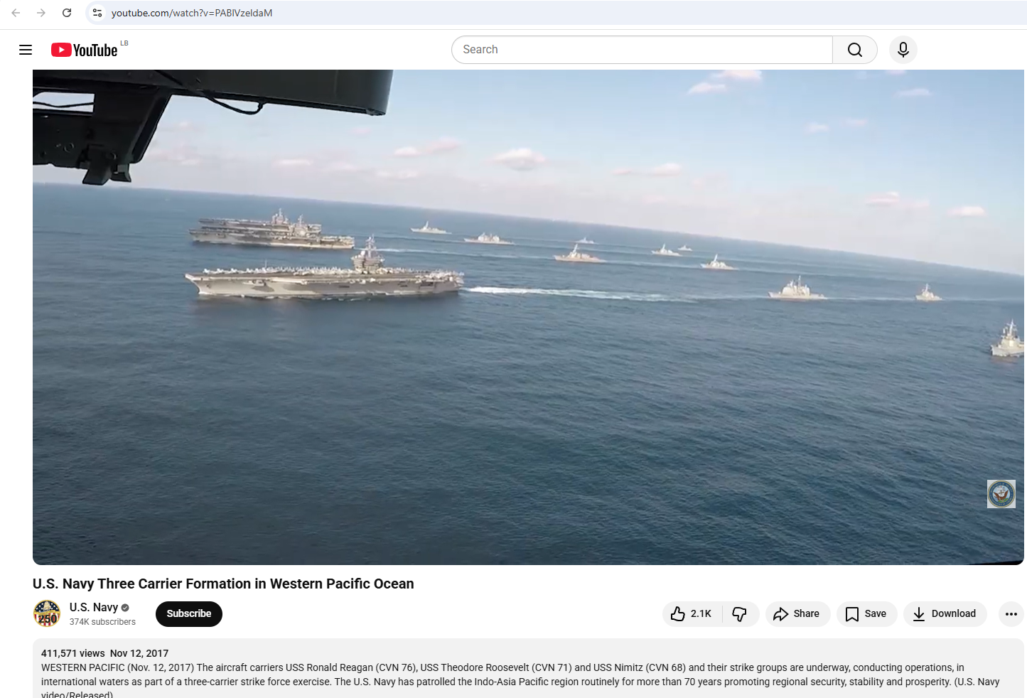 لقطة من الفيديو المنشور في حساب البحرية الاميركية في يوتيوب، في 12 تشرين الثاني 2017