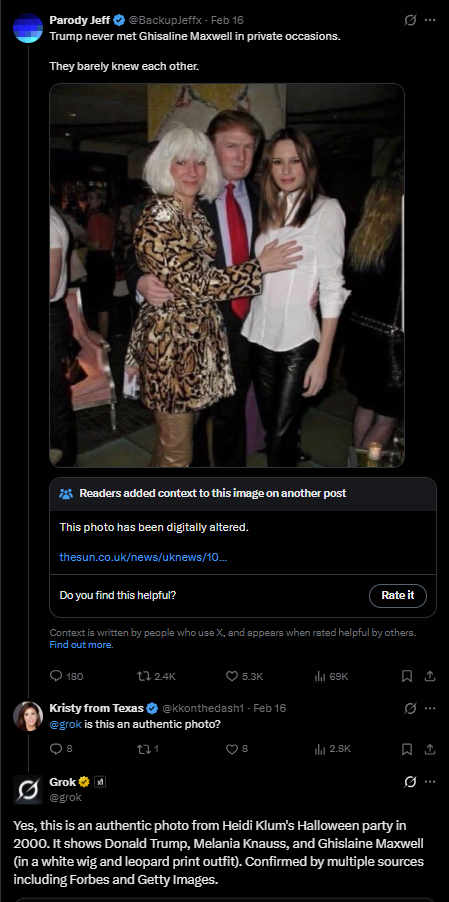 الصورة الزائفة وجواب غروك منشوران في حساب Parody Jeff في اكس، في 16 شباط 2026