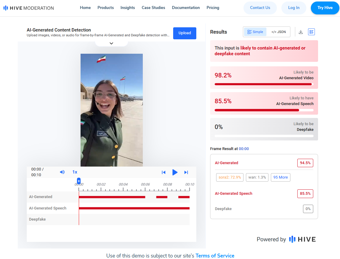 نتيجة تحليل أداة hive moderation