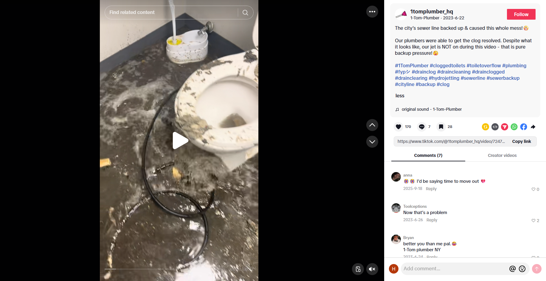 لقطة من الفيديو المنشور في حساب 1tomplumber_hq@ في تيك توك في 22 حزيران 2023