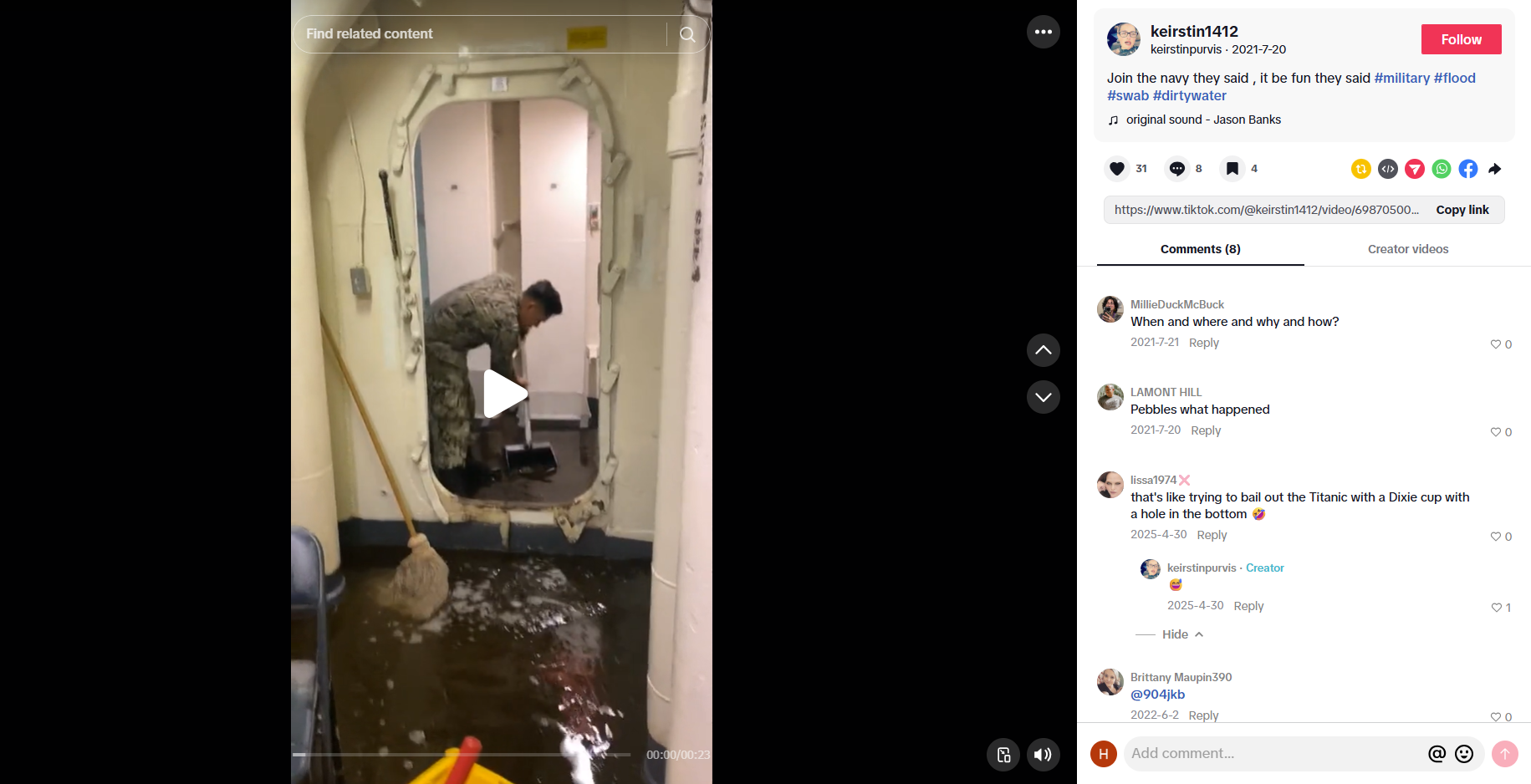 لقطة من الفيديو المنشور في حساب keirstin1412@ في تيك توك، في 20 تموز 2021 