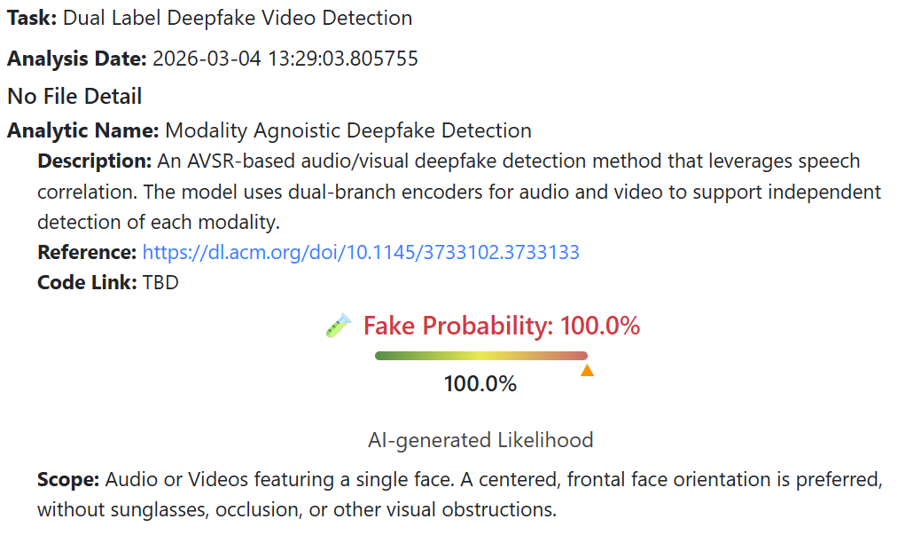 نتيجة فحص الفيديو بواسطة برنامج DeepFake-O-Meter