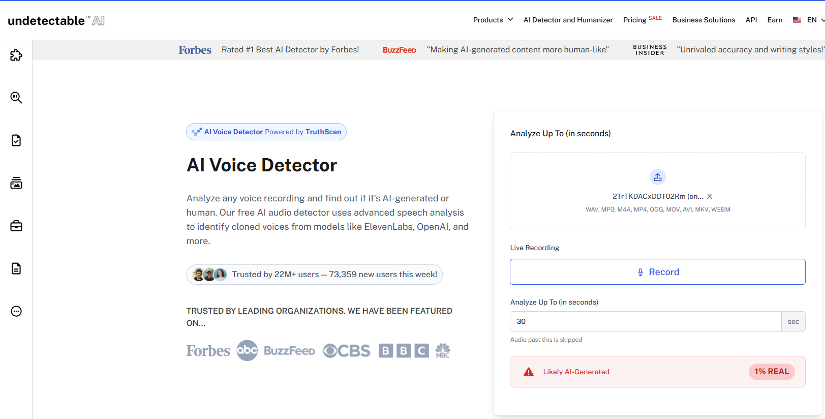 نتيجة تحليل الصوت في الفيديو في مواقع متخصصة بكشف التزييف