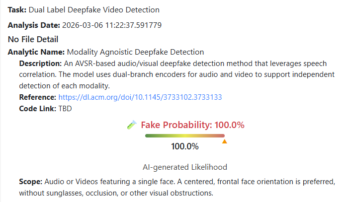 نتيجة فحص الفيديو بواسطة برنامج DeepFake-O-Meter