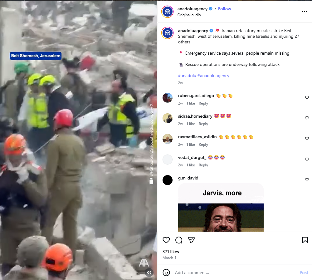 لقطة من الفيديو المنشور في حساب وكالة الاناضول في انستغرام في 1 آذار 2026