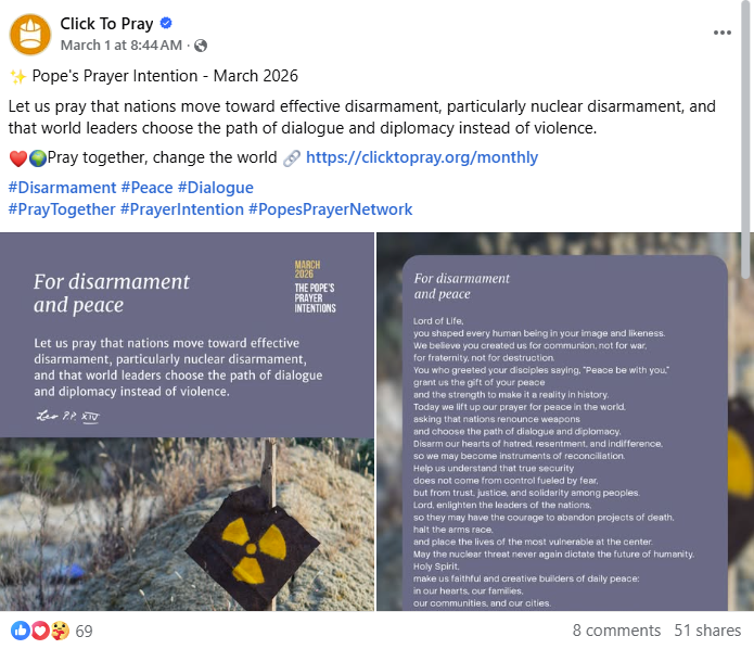 اعلان موضوع صلاة آذار 2026 في منشور على صفحة Click to pray في 1 آذار 2026