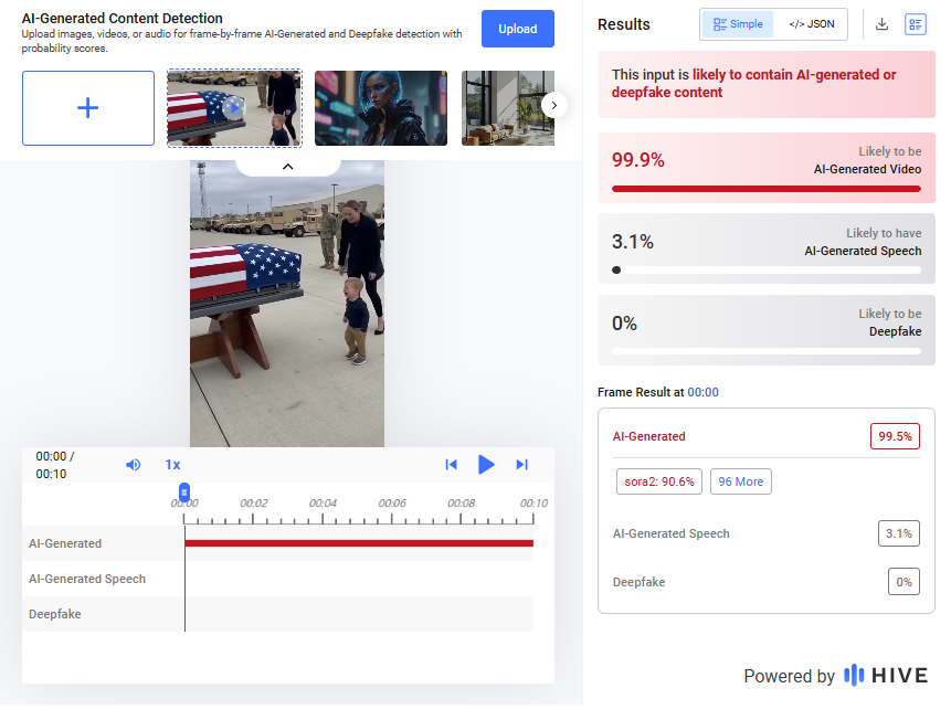 نتيجة فحص الفيديو في موقع Hive Moderation