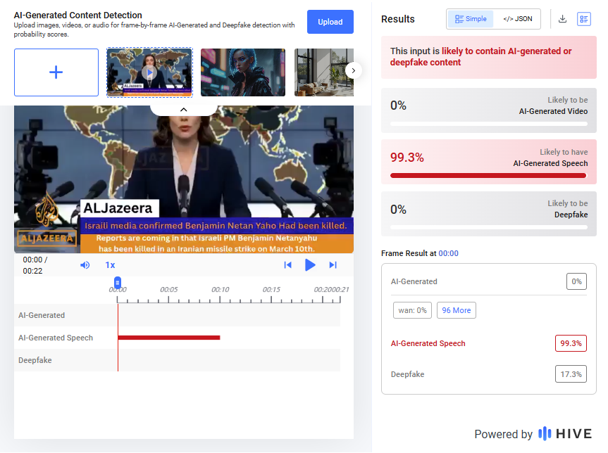 نتيجة فحص الفيديو في موقع Hive Moderation