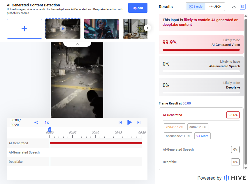 نتيجة فحص الفيديو في موقع Hive Moderation