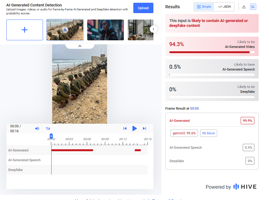 نتيجة فحص الفيديو في موقع Hive Moderation