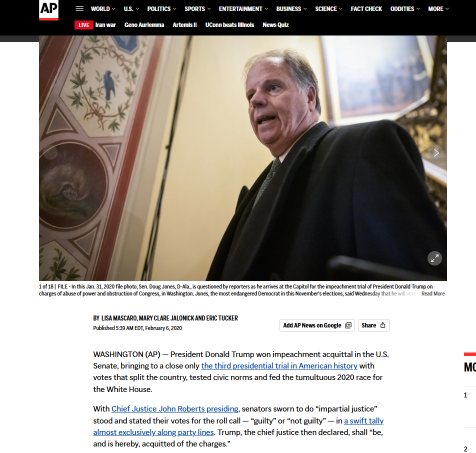 خبر تبرئة ترامب منشور في وكالة اسوشيتد برس الاميركية