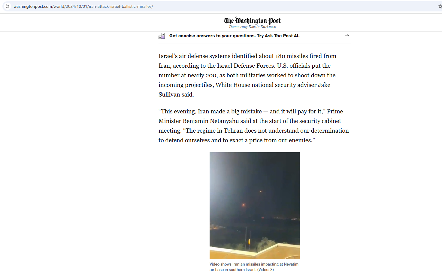 لقطة من الفيديو المنشور في موقع واشنطن بوست في 1 تشرين الاول 2024