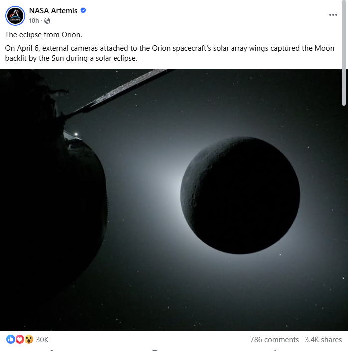 صورة الكسوف منشورة في صفحة Nasa Artemis في الفايسبوك في 7 نيسان 2026 