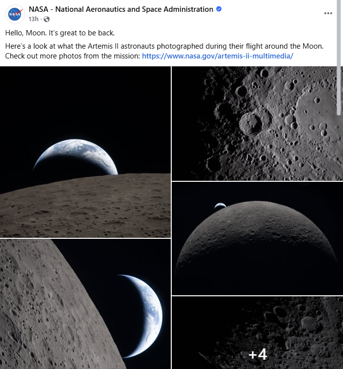 صور التقطها طاقم ارتيميس 2 ونشرتها ناسا في 7 نيسان 2026 (فايسبوك)