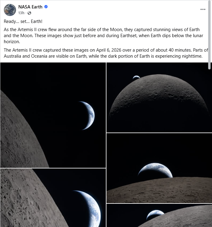 صور التقطها طاقم ارتيميس 2 ونشرتها ناسا في 7 نيسان 2026 (فايسبوك)