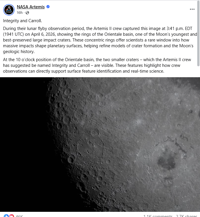 صورة للقمر التقطها طاقم ارتيميس 2 ونشرتها ناسا في 7 نيسان 2026 (فايسبوك)