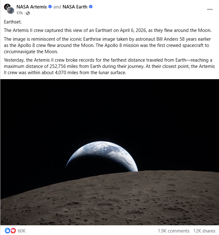 صورة التقطها طاقم ارتيميس 2 ونشرتها ناسا في 7 نيسان 2026 (فايسبوك)