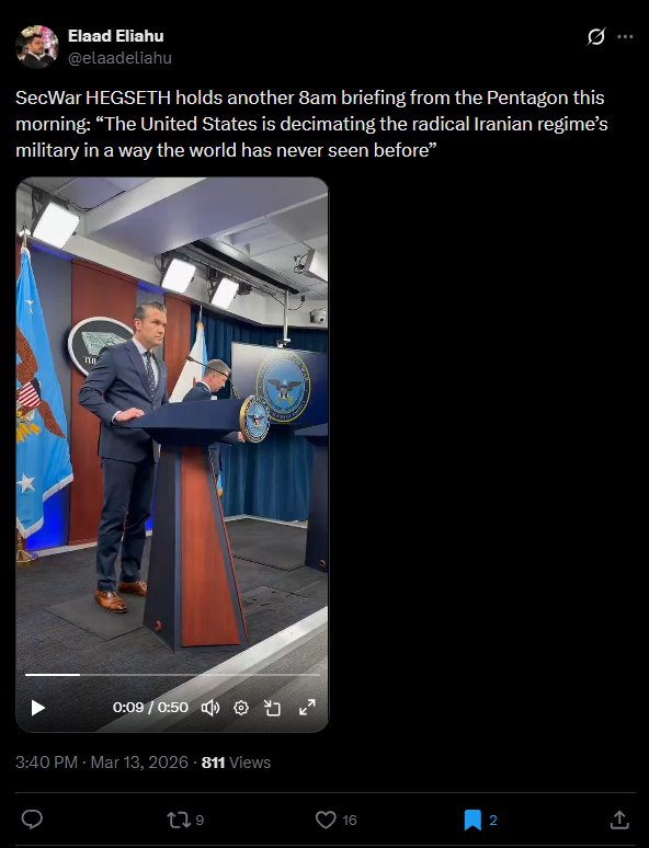 لقطة من الفيديو المنشور في حساب ايلاد ايلياهو في اكس في 13 آذار 2026