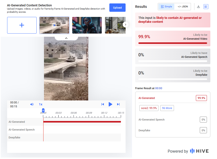 نتيجة فحص الفيديو في موقع Hive Moderation