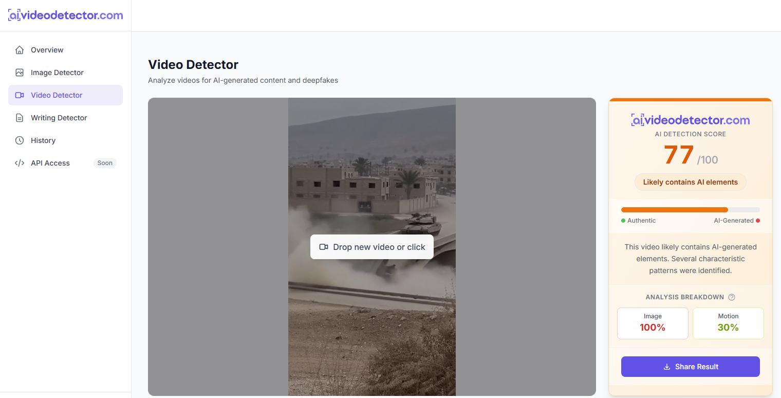 نتيجة فحص الفيديو في موقع aivideodetector 