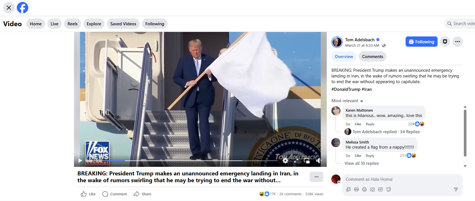 لقطة من الفيديو المنشور في صفحة Tom Adelsbach في الفايسبوك في 21 آذار 2026