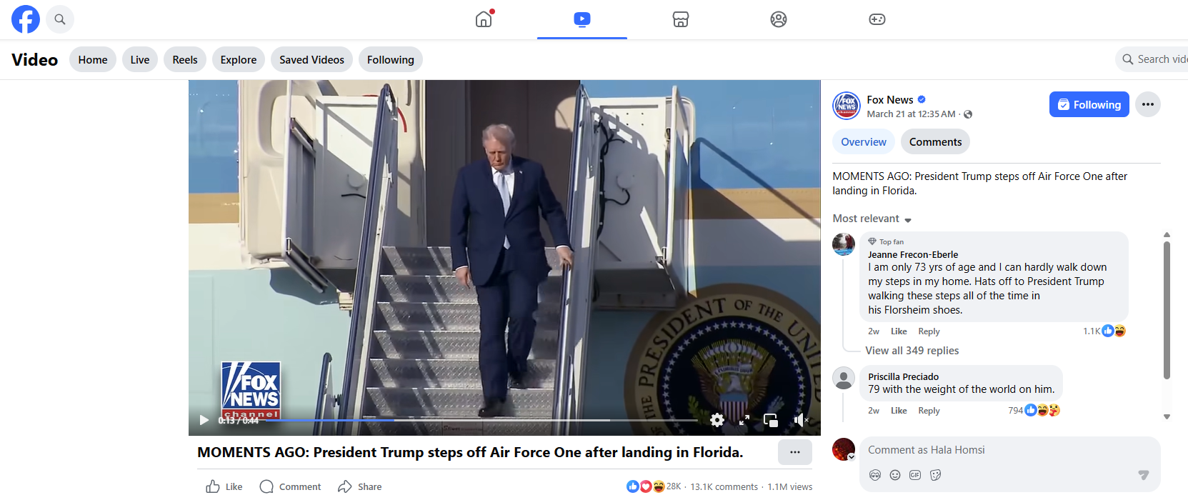 لقطة من الفيديو المنشور في صفحة فوكس نيوز في الفايسبوك في 21 آذار 2026