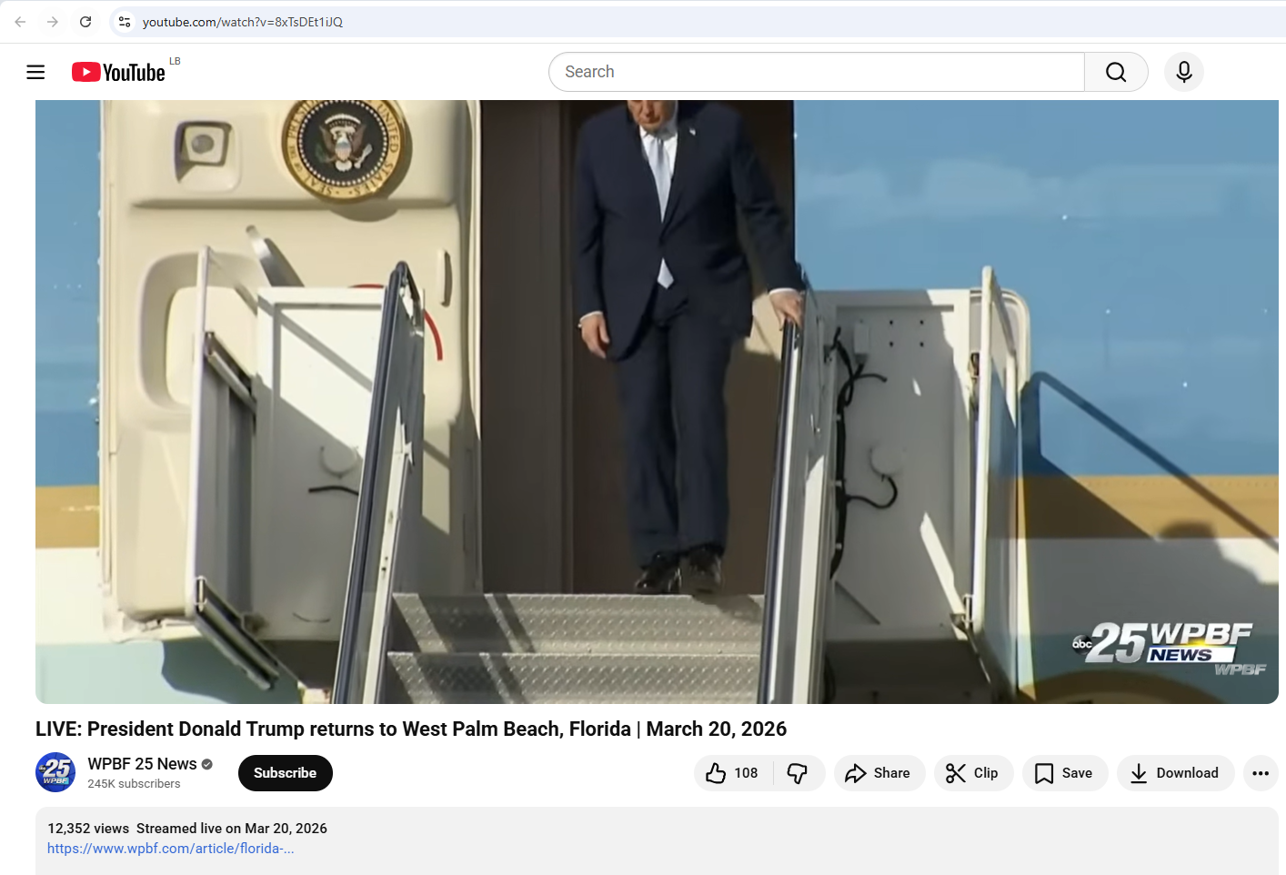 لقطة من الفيديو المنشور في حساب قناة WPBF 25 News في يوتيوب، في 20 آذار 2026